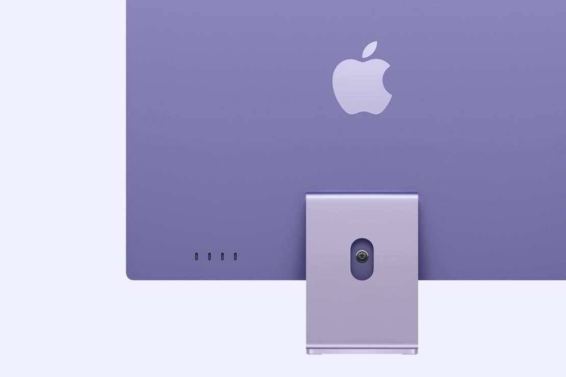 Rear view of purple iMac, highlighting 4 USB-C ports