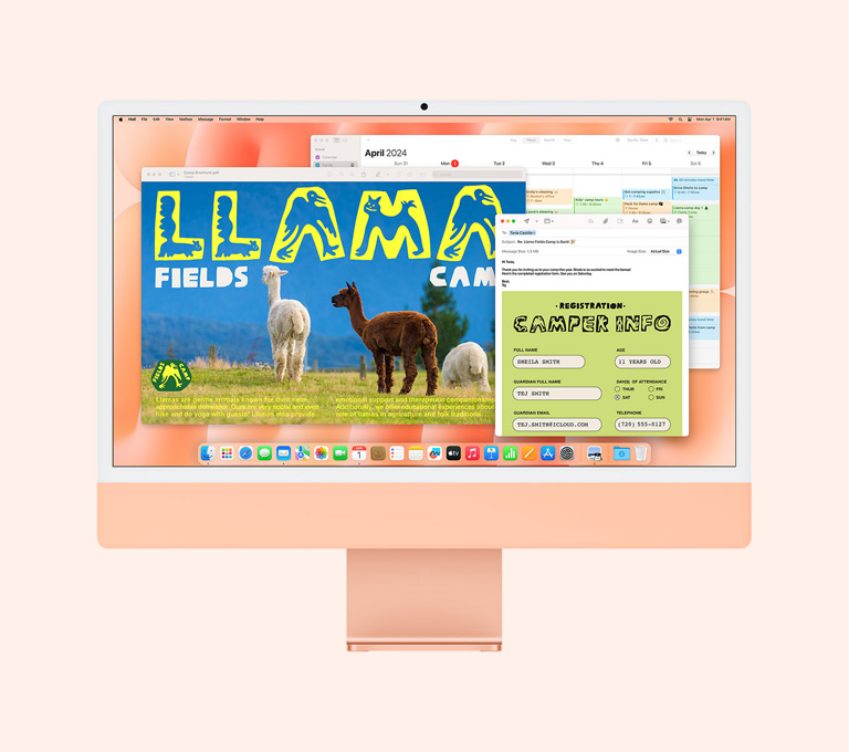 iMac orange : l&rsquo;&eacute;cran affiche les apps Aper&ccedil;u, Mail et Calendrier en cours d&rsquo;utilisation. 