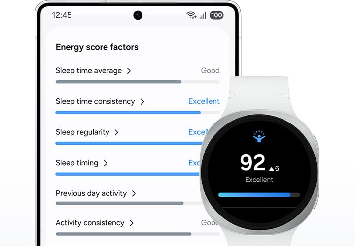 La Galaxy Watch8 affiche l&rsquo;&eacute;cran Energy Score avec l&rsquo;Energy Score de 92 et le mot &laquo; Excellent &raquo;. &Agrave; l&rsquo;arri&egrave;re-plan, un smartphone Samsung Galaxy affiche les facteurs Energy Score, dont la dur&eacute;e moyenne de sommeil, la r&eacute;gularit&eacute;, le rythme, l&rsquo;horaire de coucher, l&rsquo;activit&eacute; de la veille et la constance de l&rsquo;activit&eacute;.