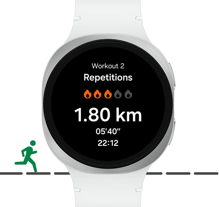 &Eacute;cran Coach running affich&eacute; sur la Galaxy Watch8 avec le texte Entra&icirc;nement 2. R&eacute;p&eacute;titions. 1,80 km, 05'40". et heure 22:12.  Un pictogramme de course appara&icirc;t en arri&egrave;re-plan avec l&rsquo;indication &laquo; Niveau 4 &raquo;.