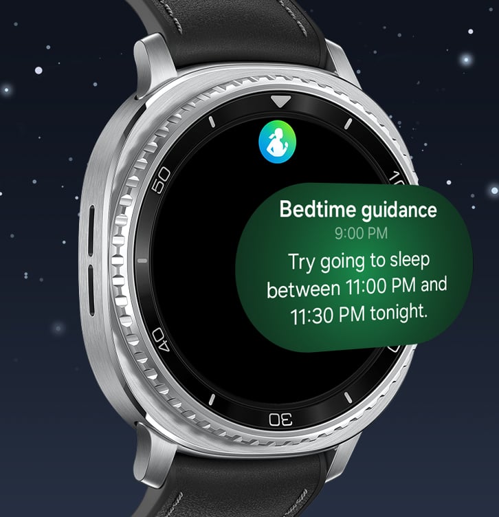 Galaxy Watch8 Classic avec la fonction Conseils de coucher &agrave; l&rsquo;&eacute;cran. Ic&ocirc;ne Samsung Health, texte &laquo; Conseils de coucher &raquo; en haut. En dessous, texte &laquo; Conseils de coucher &raquo;, 21 h 00, Essayez d&rsquo;aller vous coucher entre 23 h 00 et 23 h 30 ce soir.