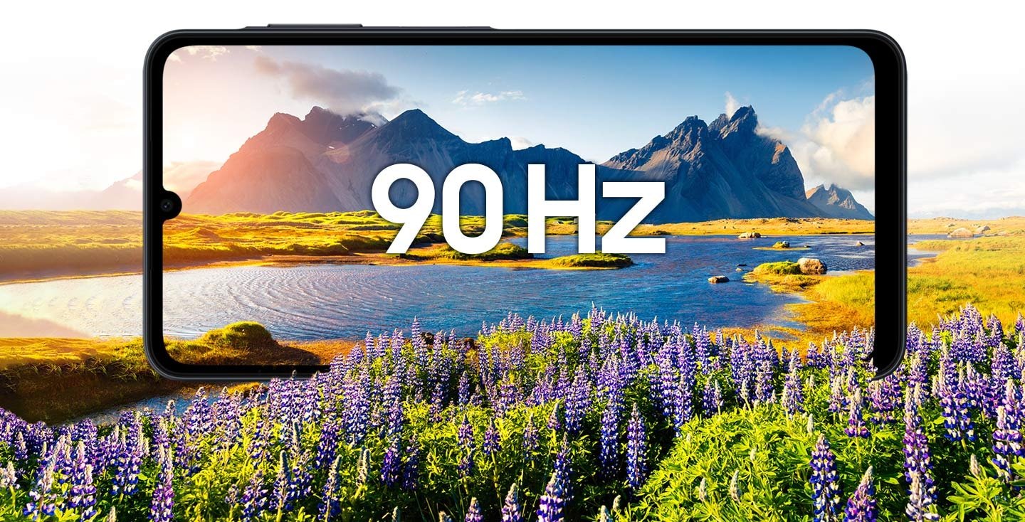 Galaxy A07 showing a vivid landscape with the text ‘90Hz’ on screen, highlighting its 6.7-inch screen and 90Hz refresh rate.