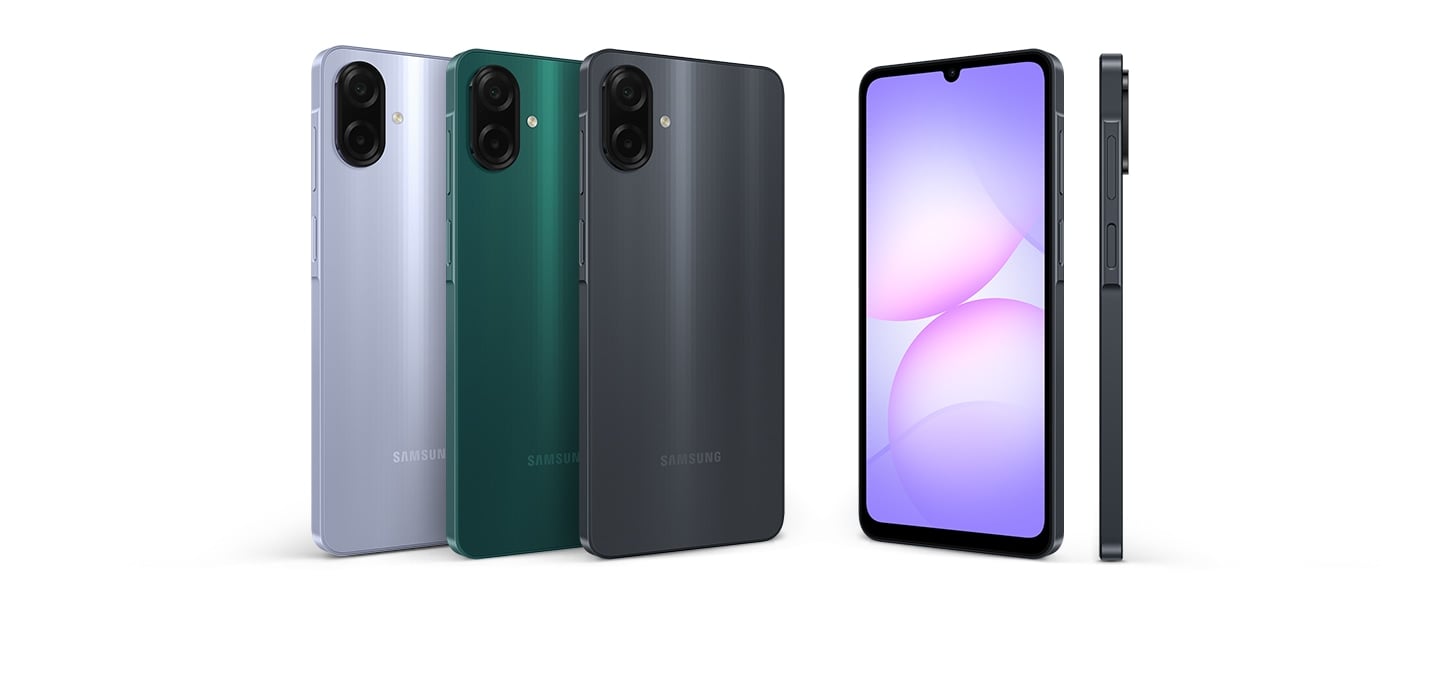 Galaxy A07 shown in black, light violet, and green from multiple angles, highlighting its sleek and slim design.
