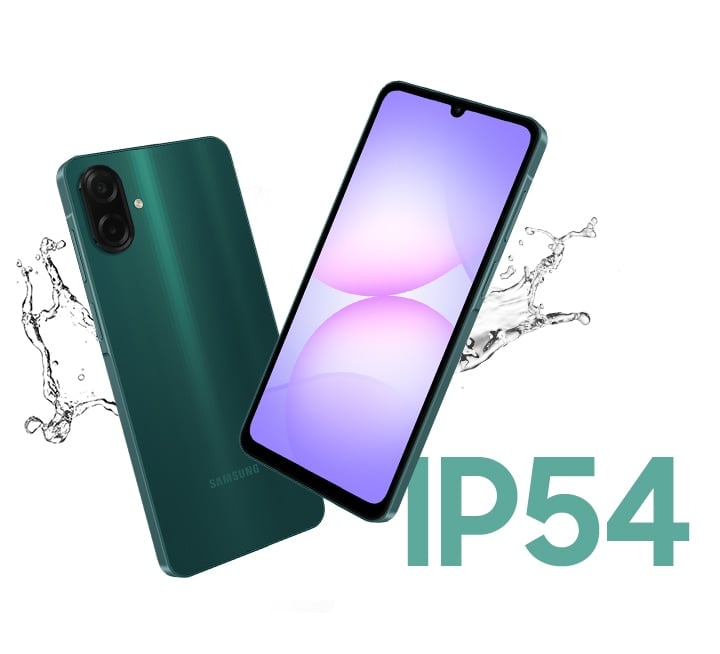 Two Galaxy A07 devices. One shows its back, while the other faces forward. Splashes of water beside the devices highlight their water resistance. At the bottom right is the text IP54.