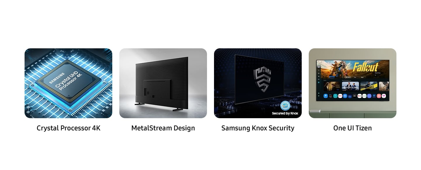 The key features are Crystal Processor 4K, MetalStream Design, Samsung Knox Security and One UI Tizen. The Samsung Crystal UHD Processor 4K chip is set on a TV main board. The back of a MetalStream Design TV is shown with a ridged pattern. The Samsung Knox logo is on a TV screen, with a Secured by Knox logo to the corner. The Samsung TV Plus home screen is shown as a part of One UI Tizen with the option to stream free TV.