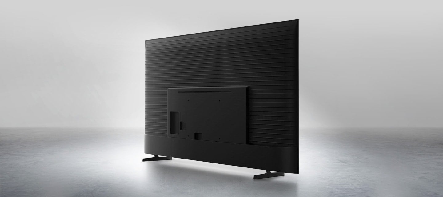 The back view of a TV with MetalStream Design. It features a black finish metal body with a ridged pattern.