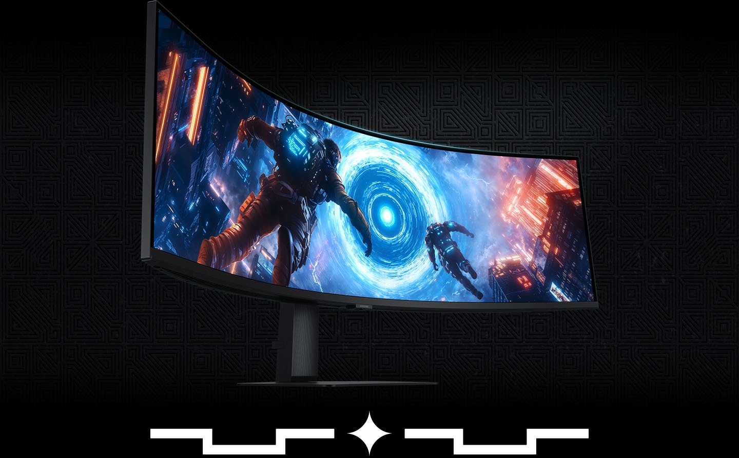 A curved monitor shows two characters in astronaut suits going towards a neon blue circle in a dark city.