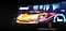 A yellow sports car breaks out from the screen showing a racing background. 144Hz & 1ms.