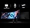 Two monitors back to back with one showing gaming scene. Illustrations for HAS Height Adjustable Stand, Tilt, Swivel.