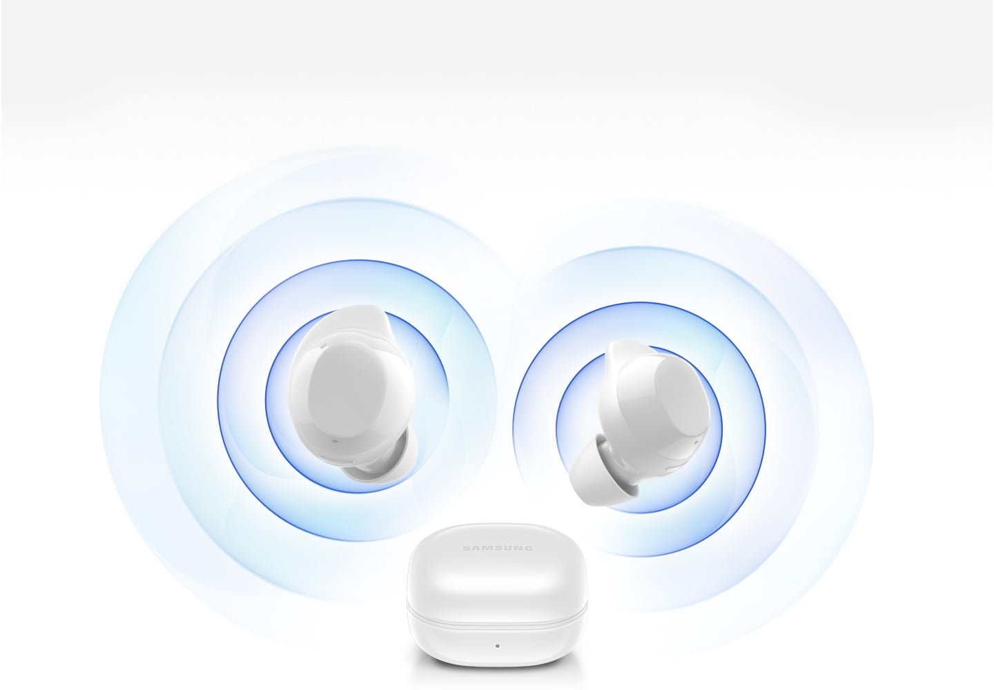 The white Galaxy Buds Core charging case is in the middle with the earbuds hovering overhead. Multiple rings appear around the left and right earbuds representing sound.