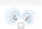The white Galaxy Buds Core charging case is in the middle with the earbuds hovering overhead. Multiple rings appear around the left and right earbuds representing sound.
