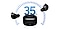 A black Galaxy Buds Core charging case is in the middle with the earbuds on the left and right of the case. Text  35h is in the background representing play time.