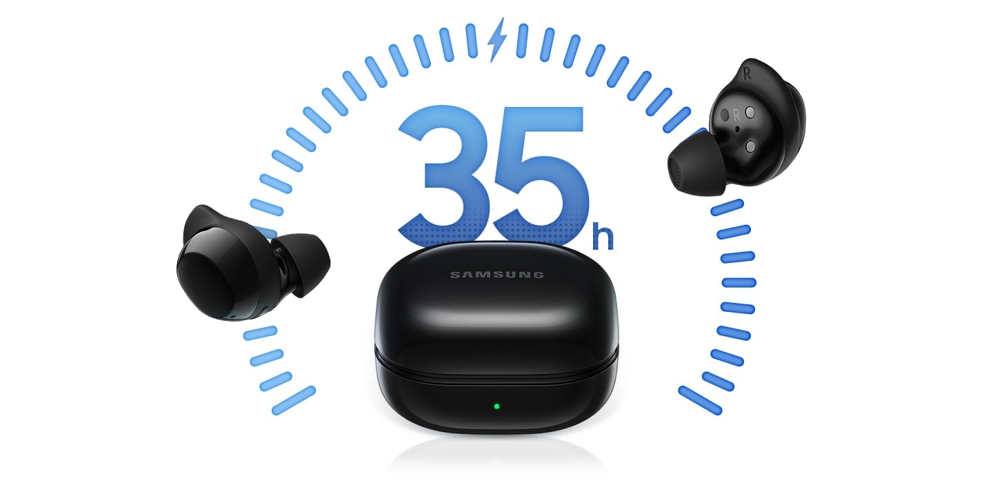 A black Galaxy Buds Core charging case is in the middle with the earbuds on the left and right of the case. Text  35h is in the background representing play time.
