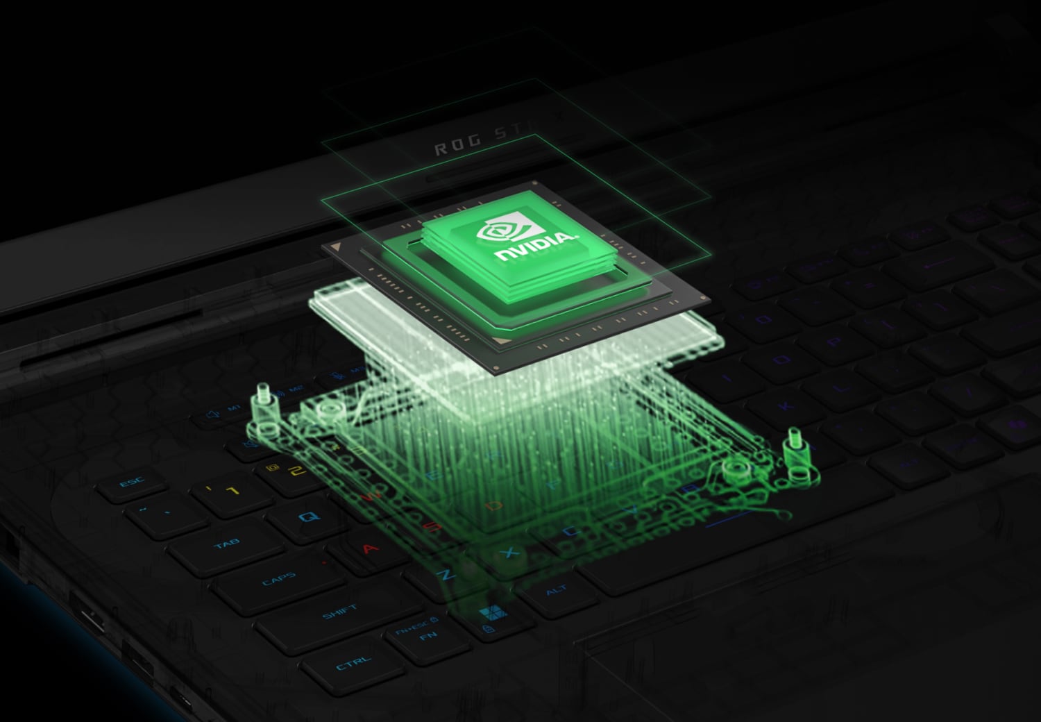 Un GPU NVIDIA apparaissant sous le clavier d'un ordinateur portable.