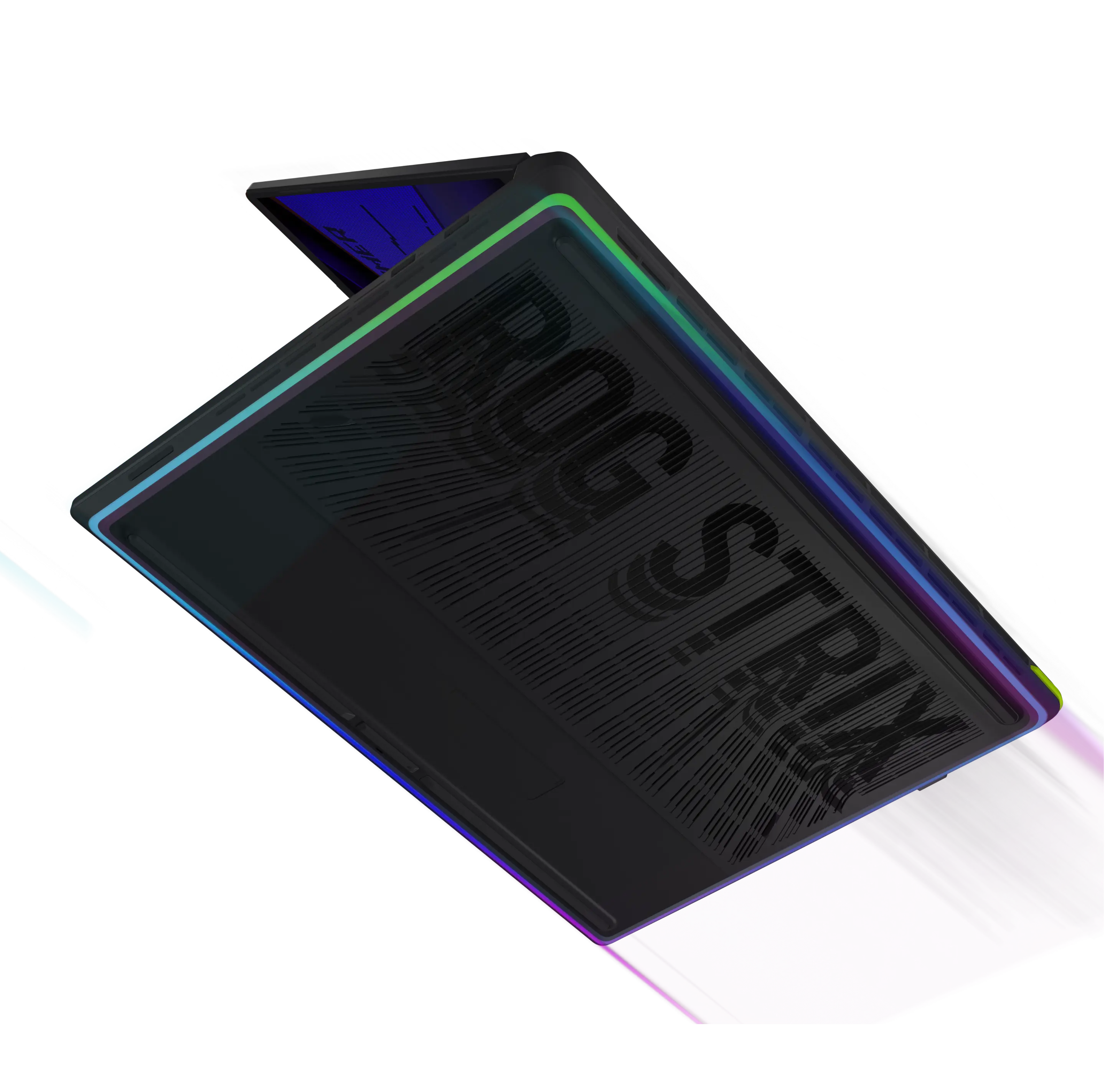 Le dessous d'un ordinateur portable ROG Strix avec des &eacute;clairages roses et bleus entourant le ch&acirc;ssis.