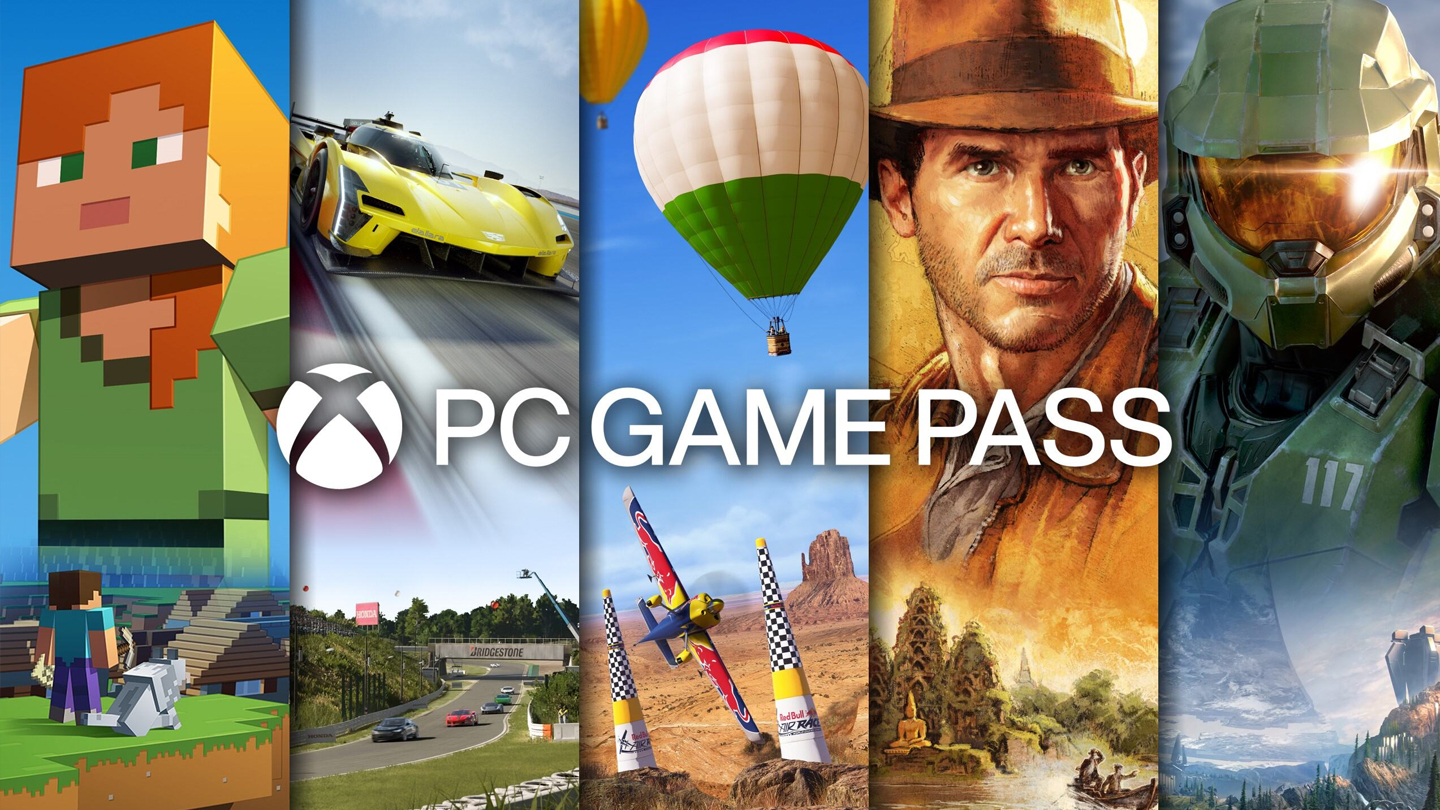 Un m&eacute;lange de jeux Microsoft dans une banni&egrave;re publicitaire, notamment Forza, Halo et Microsoft Flight Simulator.
