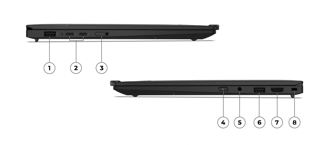 Bien qu&rsquo;il p&egrave;se moins d&rsquo;un kilo, l&rsquo;ordinateur portable Lenovo ThinkPad X1 Carbon Gen&nbsp;13 Aura Edition dispose de nombreux ports et emplacements, dont 2&nbsp;ports USB-C Thunderbolt4.