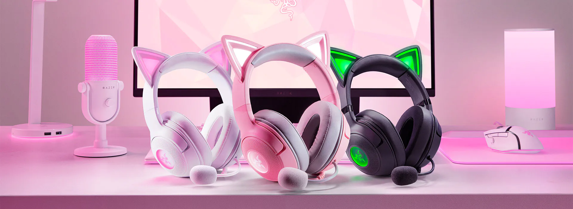 Casque filaire RGB avec oreilles de chat personnalis&eacute;es: Razer Kraken Kitty V2