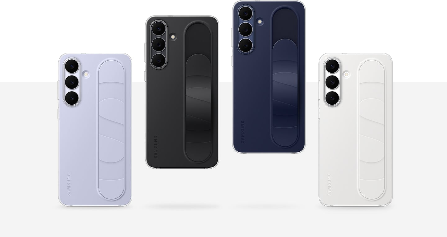 All available color options of the Standing Grip Case are displayed. The cases are shown by their rear sides. The order of the colors displayed from left to right is Light Blue, Black, Dark Blue and White.