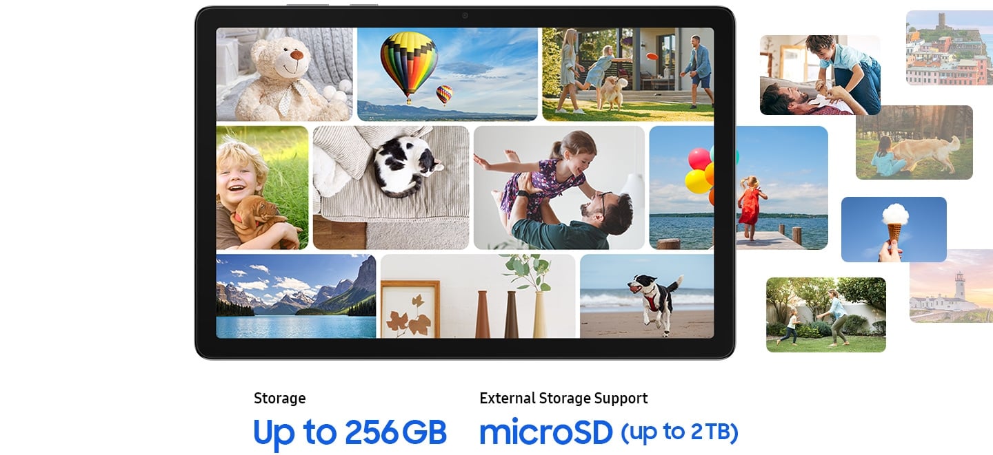 A collage of photographs is displayed in three horizontal rows on Galaxy Tab A11+’s screen. Some photos extend beyond the tablet’s frame. The photos depict family moments, including pets and travel. Below the tablet and photos, text indicates storage information:'Storage: Up to 256 GB''External Storage Support: microSD (up to 2 TB)'