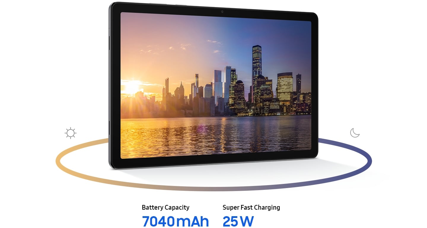 The screen of a horizontally placed Galaxy Tab A11+ is filled with a city view seen from across a body of water. On the left side, daytime is shown with the sun rising; on the right, eveningtime is shown with a dimmer blue sky and lit buildings. A bottom label reads: 'Battery Capacity 7040 mAh' and 'Super Fast Charging 25 W'.