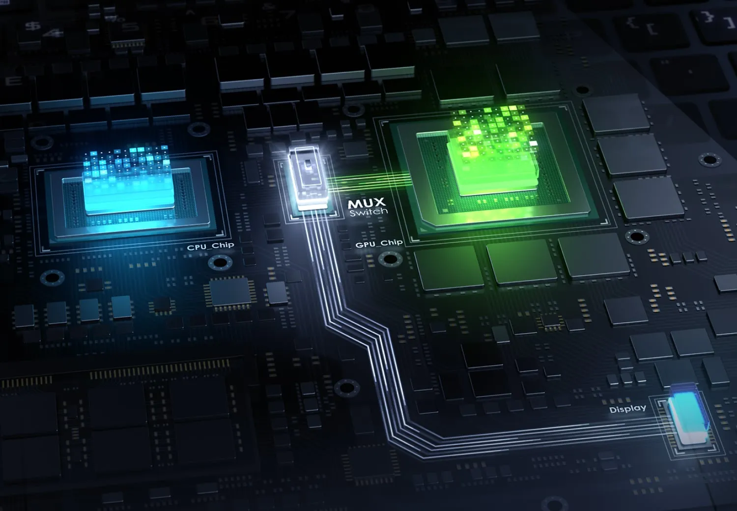 Rendu 3D d'un CPU, d'un GPU et d'un switch MUX acheminant le signal vid&eacute;o vers l'&eacute;cran.