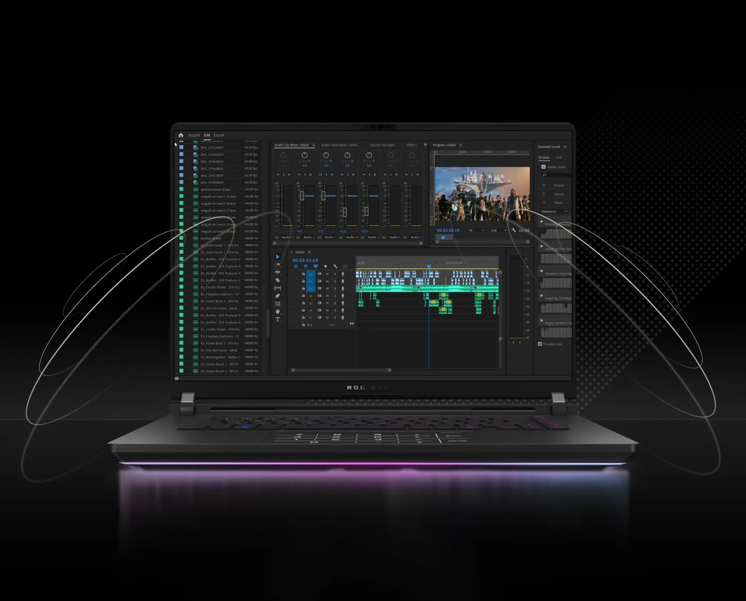 Un ordinateur portable ROG Strix avec un programme de montage vid&eacute;o &agrave; l'&eacute;cran.