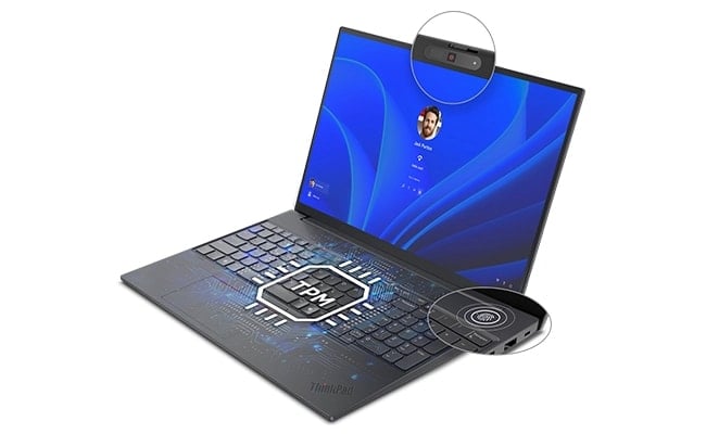 Ordinateur portable Lenovo ThinkPad E16 Gen 3 (16" Intel) affichant une sécurité robuste et des fonctionnalités de connexion intelligente pour éviter les accès non autorisés et les violations de données.
