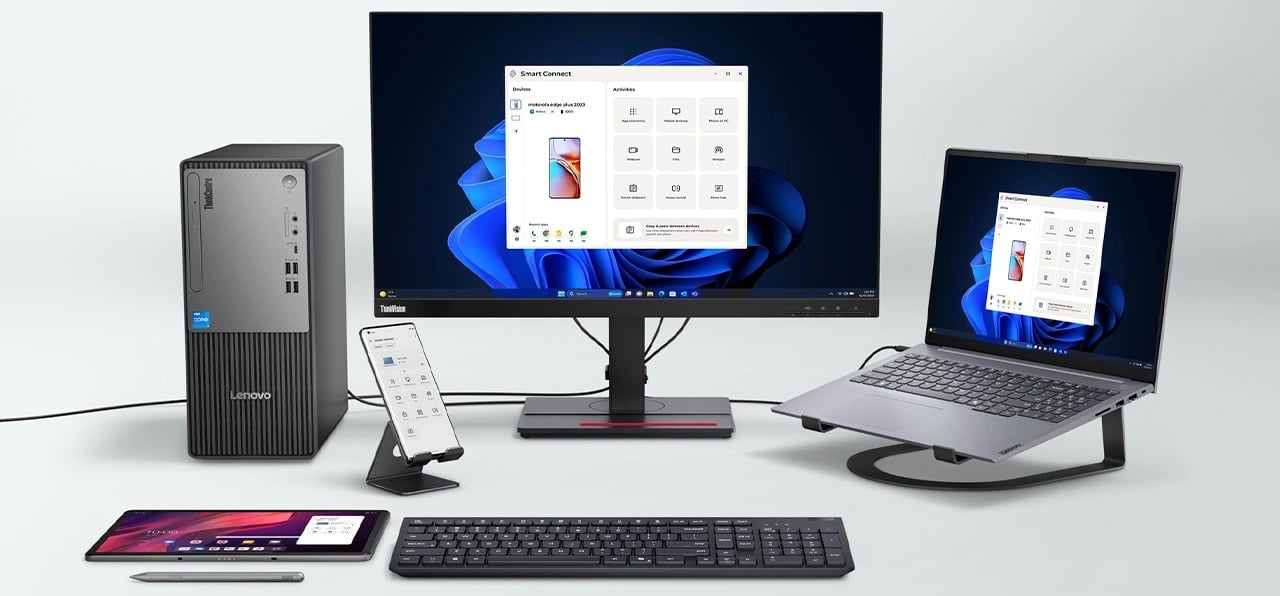 Tour Lenovo ThinkCentre Neo&nbsp;50t Gen&nbsp;5 (Intel) synchronisée avec plusieurs appareils via l'application Smart Connect.
