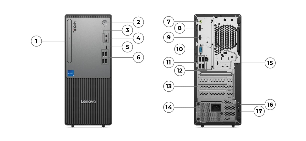 Tour Lenovo ThinkCentre Neo&nbsp;50t Gen&nbsp;5 (Intel) est dotée de nombreux ports avant et arrière pour améliorer le multitâche.