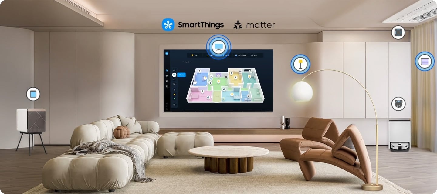 TV in living room shows SmartThings screen. SmartThings and Matter logos. Icons appear over the connected devices. Zoom in on TV shows SmartThings in different rooms. Focus on light&rsquo;s status. It goes from Off to On. Blind goes from Off to Opened. Zoom out to show TV displaying smart home info.