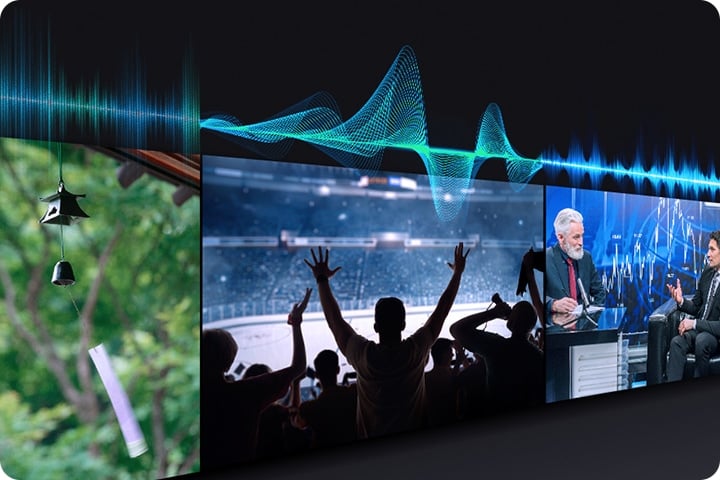 Three TVs play audio differently, indicated by audio bars above the TVs, optimized for the type of content being played.