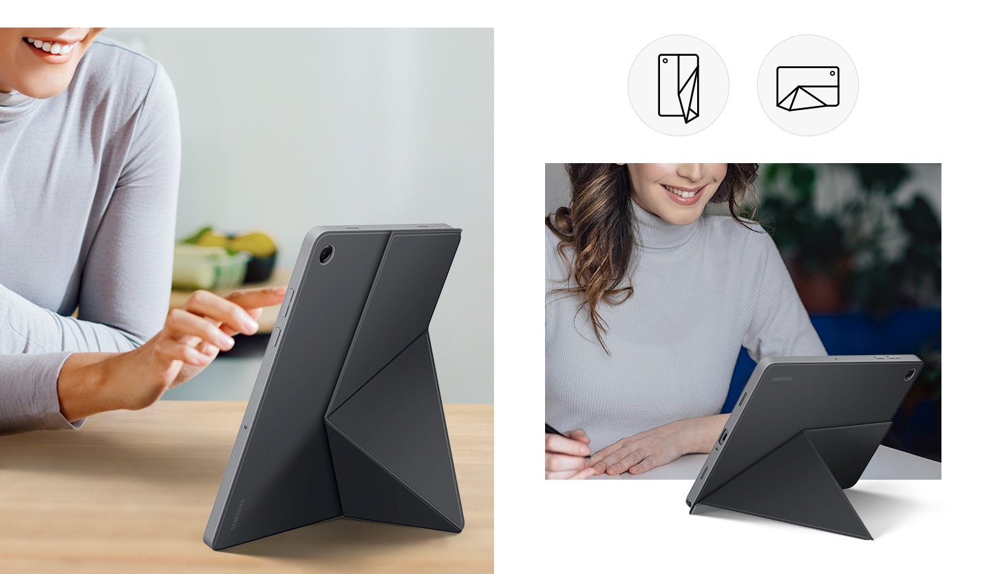 A woman is seen using Galaxy Tab A11+ with Book Cover on, standing in portrait mode with a foldable stand. A woman is seen using the device horizontally with the stand folded in landscape mode.