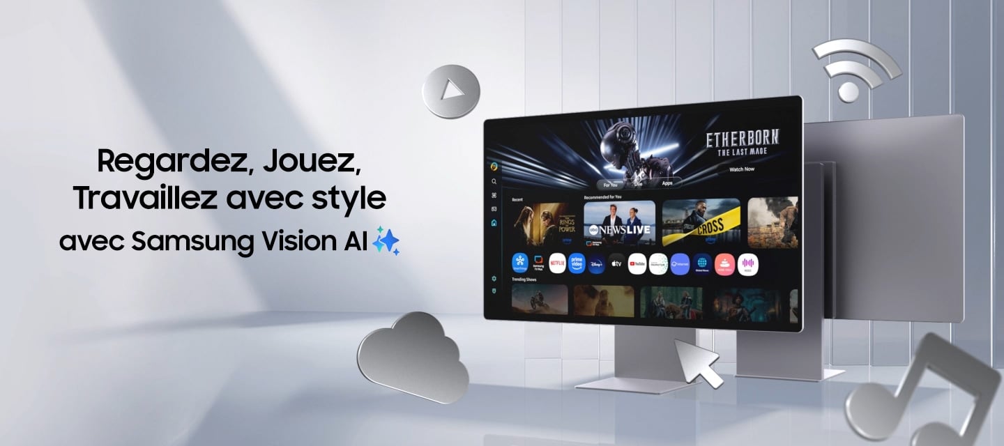 Regardez, jouez et travaillez avec style gr&acirc;ce &agrave; Samsung Vision AI. Le Samsung Smart Monitor M7 s'agrandit et affiche diff&eacute;rentes ic&ocirc;nes, telles que Copilot, Samsung TV Plus et AI, ainsi que plusieurs sc&egrave;nes. Les ic&ocirc;nes du curseur, du Wi-Fi, de la musique, du bouton de lecture et du nuage apparaissent &agrave; l'&eacute;cran lors de la rotation.