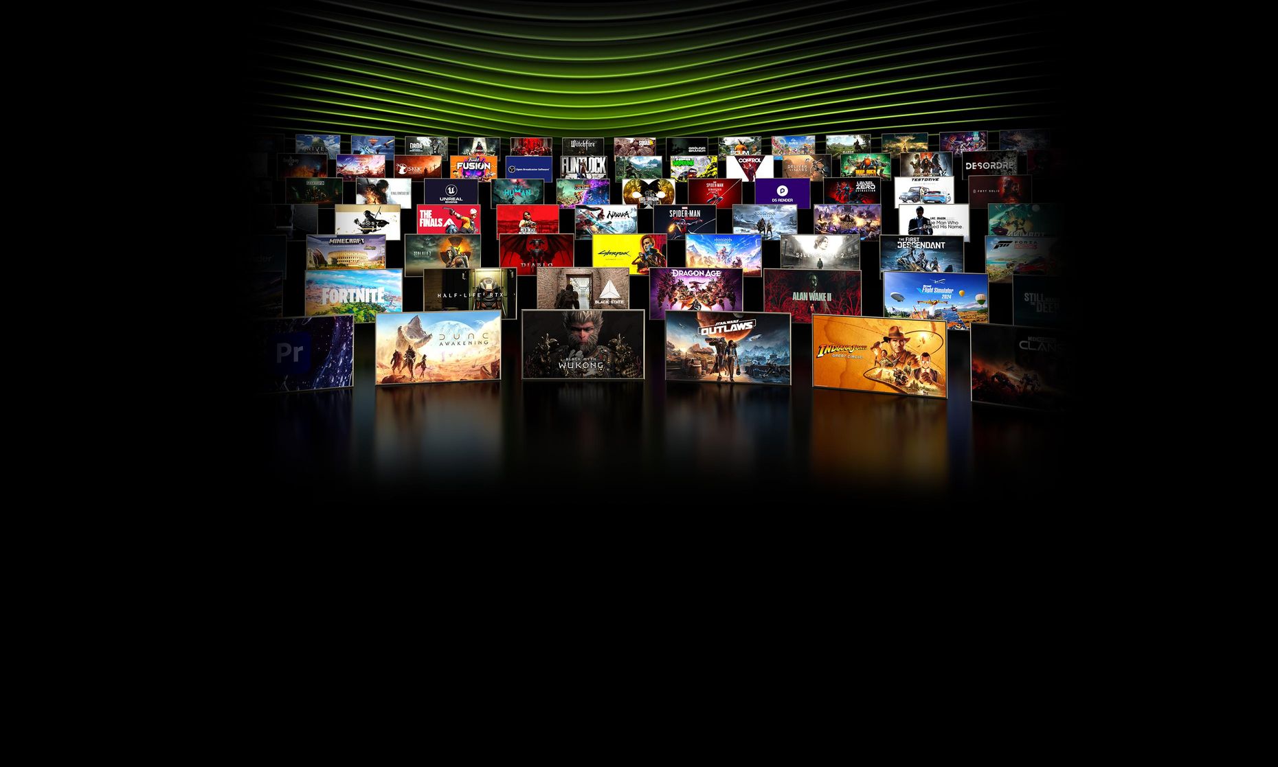 Collage de titres de jeux populaires tels que Fortnite, Spider-Man et Dragon Age sous des vagues de lumière verte.