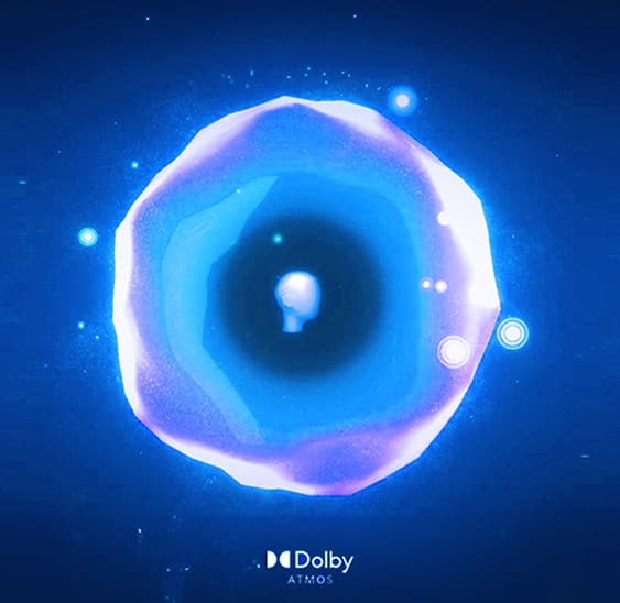 Un objet orange stylisé flottant sur un fond noir, avec les mots « Dolby Atmos » écrits en dessous.