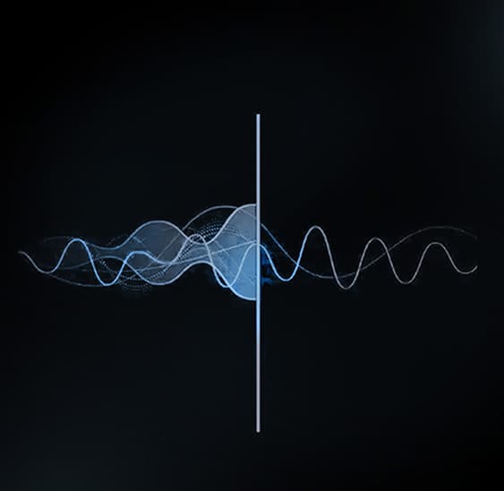 Un logo avec un signal audio sale sur le côté gauche, puis une ligne verticale bissectrice, puis un signal audio beaucoup plus propre sur le côté droit.