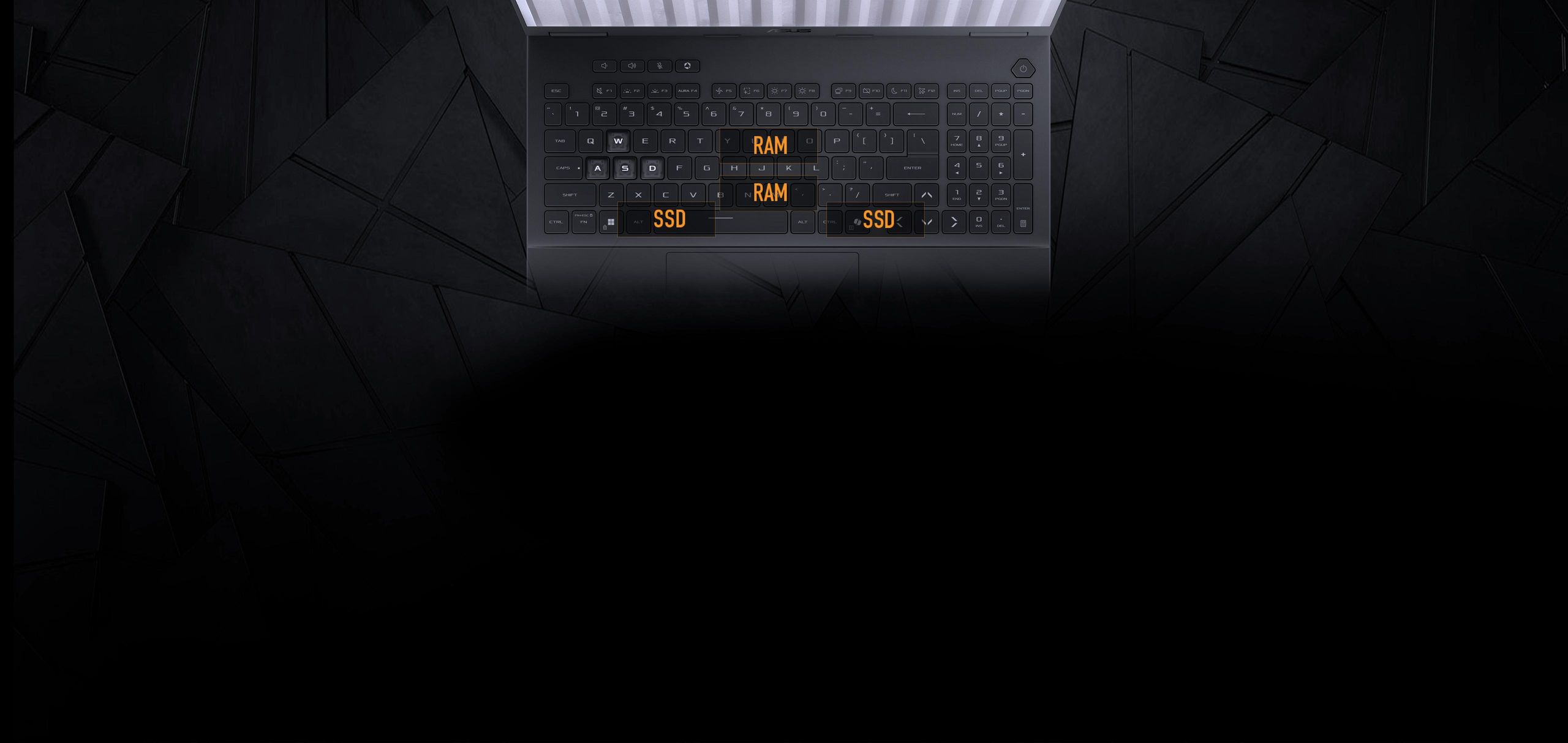 Clavier TUF Gaming indiquant les emplacements de mise à niveau de la RAM et du SSD.