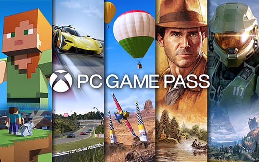 Une image de collage, avec Palworld, Halo, Forza, Minecraft, et Microsoft Flight simulator, avec le texte « Xbox Game Pass » en surimpression.