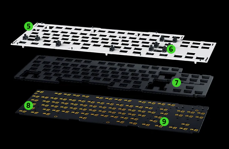 keyboard exploded view with 5 pointers