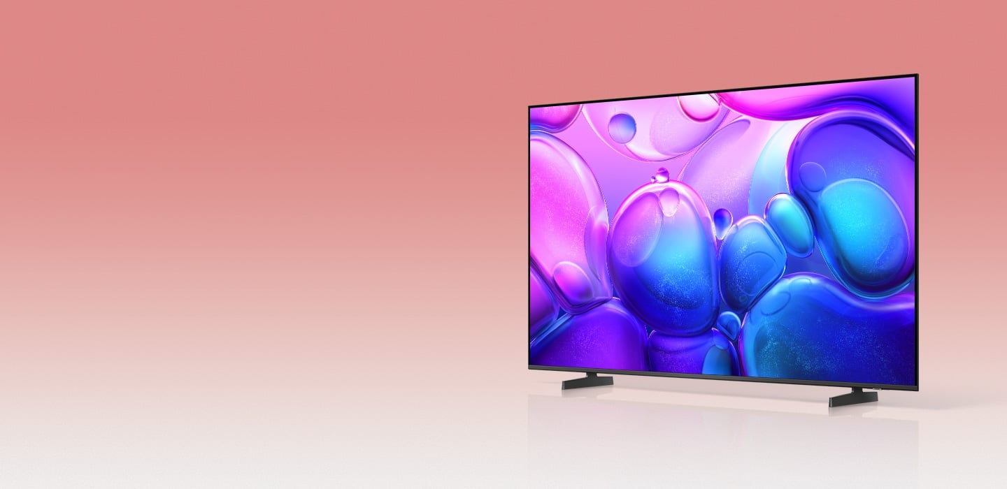 Un Samsung TV affiche un motif de bulles violettes &agrave; l&rsquo;&eacute;cran.