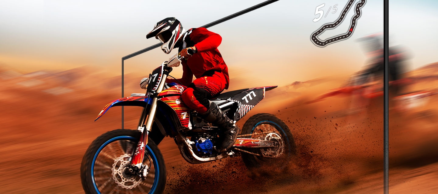 A dirt bike racer looks clear and visible inside the TV screen because of TV motion xcelerator technology.
