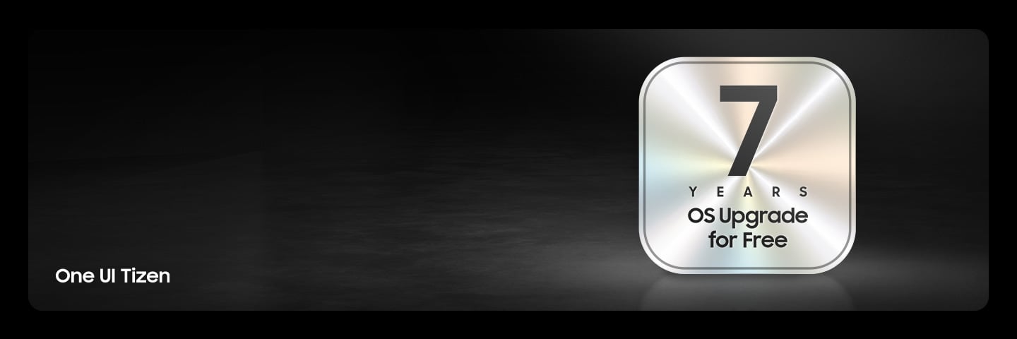 A dark gradient background with a metallic badge displaying &lsquo;7 Years OS Upgrade&rsquo; in bold text and &lsquo;One UI Tizen&rsquo; in the bottom left corner.