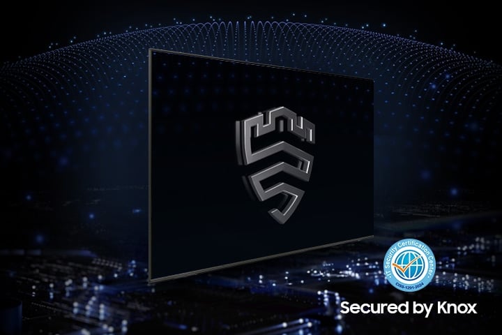A multi-layered security solution is creating a dome-like enclosure behind a TV that's secured by Knox. The screen features the Samsung Knox emblem. The text Your privacy. Secured. Only on Samsung TV is on display on top.