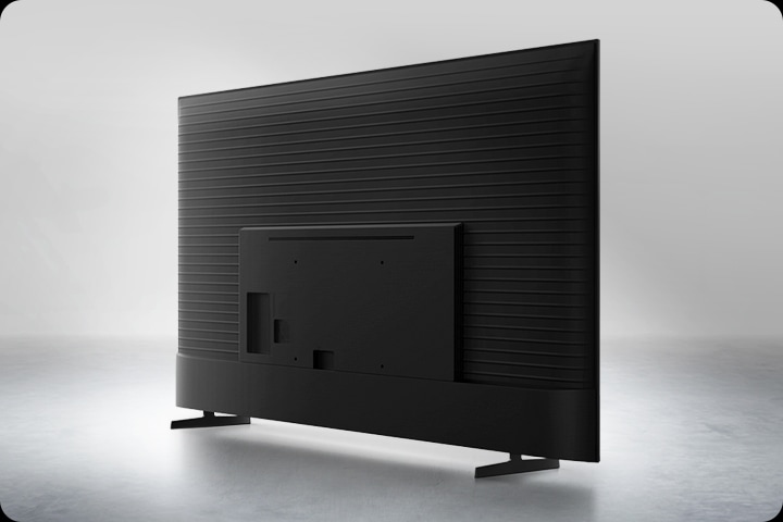 The back view of a TV with MetalStream Design. It features a black finish metal body with a ridged pattern.