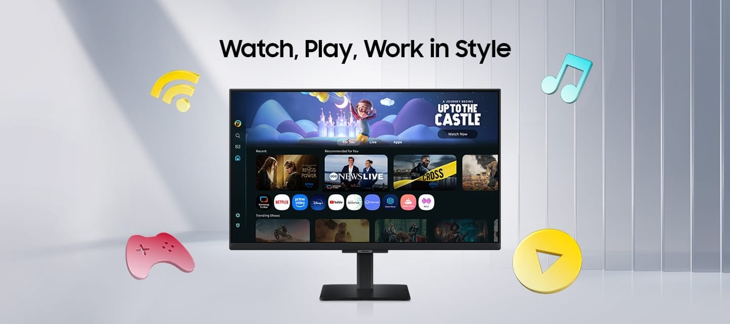 Regardez, jouez, travaillez avec style. Samsung Smart Monitor M5 avec les ic&ocirc;nes Wi-Fi, console de jeu, musique et bouton de lecture. L&rsquo;&eacute;cran affiche diverses applications, du contenu et l&rsquo;aper&ccedil;u de &laquo;&nbsp;UP TO THE CASTLE&nbsp;&raquo;.