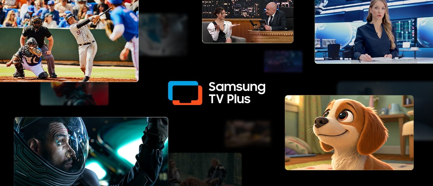 Logo Samsung TV Plus au centre. Des sc&egrave;nes de diff&eacute;rents contenus entourent le logo.