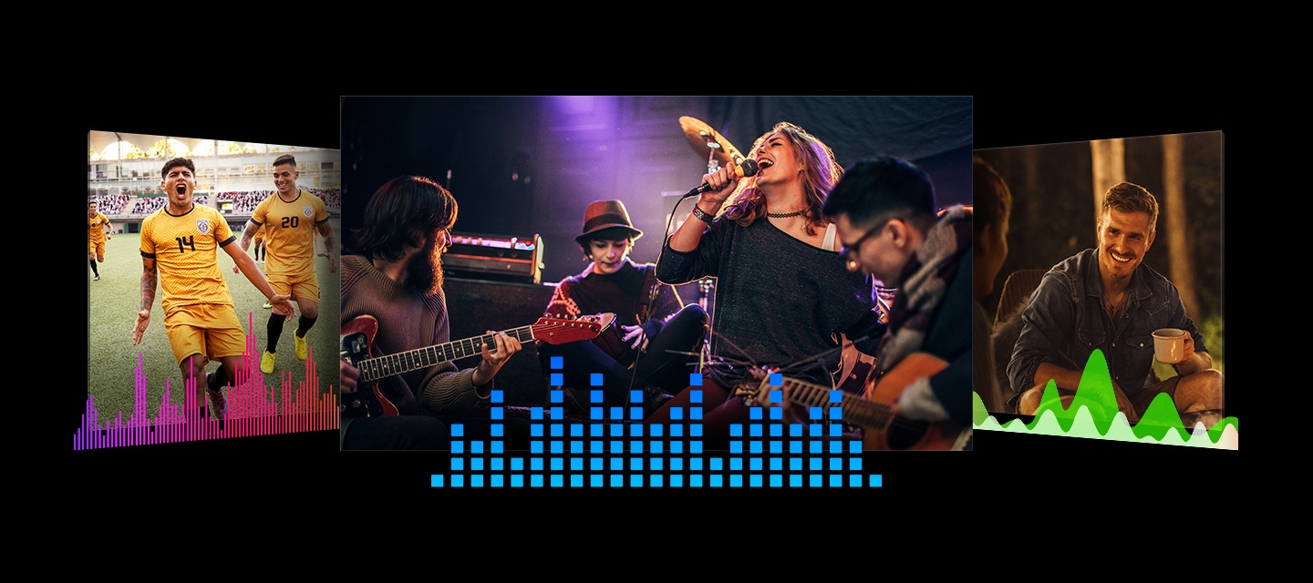 Trois sc&egrave;nes diff&eacute;rentes d&rsquo;un match de football, d&rsquo;un concert et d&rsquo;un spectacle. Chaque sc&egrave;ne a un spectre audio diff&eacute;rent.