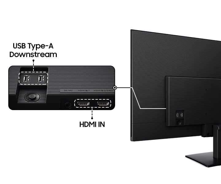 Vue arri&egrave;re du moniteur &agrave; droite. Les ports de moniteur agrandis montrent 2&nbsp;ports USB Type-A Descendant et 2&nbsp;ports d&rsquo;entr&eacute;e HDMI.