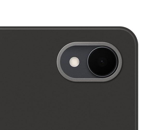 A close-up of black Book Cover for Galaxy Tab S11 with a sleek back design featuring a metal trim around one rear cameras.